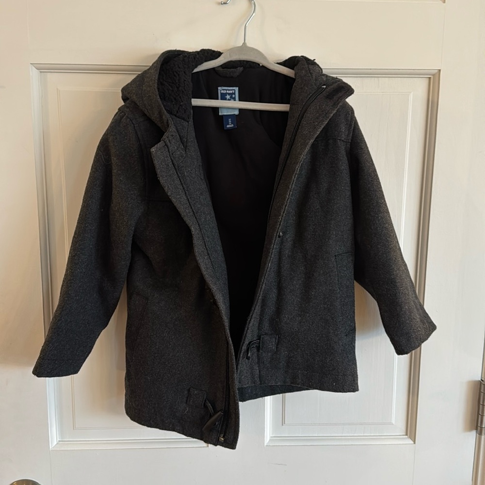 Old Navy boys grey pea coat zip up buckle hooded size 5T
